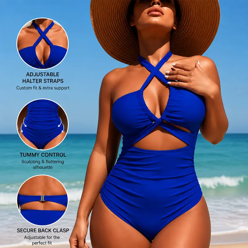 Women's 1-Piece Halter Top Swimwear - Solid Cross Wrap, Elastic Knit, Tummy Control, Ruched Waist, Midriff Hollow Slimming, UV Protective Female Bathing Suit for Beach Trips, Pool Party
