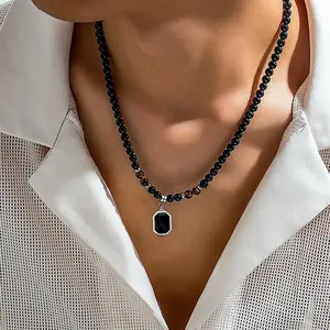 HNSP Tiger Eye Bead Rosary Necklace For Men Black Crystal Pendant Religion Protection Jewelry
