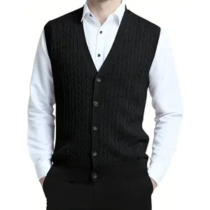 Elegant high-elastic knit cable-knit cardigan vest, men's casual vintage-style V-neck button-down front vest, suitable for autumn and winter. Tops Black Menswear Gilet Wetsuit Vneck Beige Plain Sleeveless
