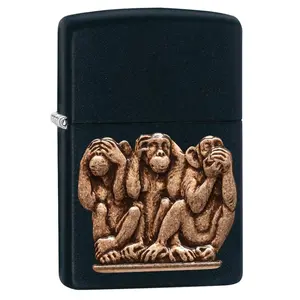 Zippo  3 Monkeys See Hear Speak No Evil Black Matte Emblem Lighter