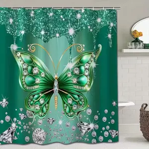 1/4pcs Green Butterfly Crystal Diamond Pattern Bathroom Decor Set, Shower curtain sets, including shower curtain, toilet seat cover, rectangular bathroom mat, and U-shaped mat, Perfect for bathroom decoration, Comes with 12 shower curtain hooks