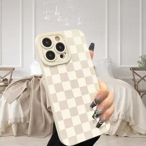 Checkerboard Pattern Phone Case, Anti-drop Cellphone Protective Case, Total Protective Shockproof Mobile Phone Cover for iPhone 11 12 13 14 17 Pro Max, Casing, Protector, Smartphone, Cream