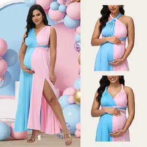 Elegant Maternity Dress Pink & Blue Colorblock Multi-Way Dress Pregnant Dress for Baby Shower Gender Reveal
