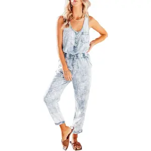 Chouyatou Women's Denim Scoop Neck Sleeveless Drawstring Waist Jumpsuits Overall Rompers