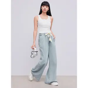 Cider [size XXS Petite-XL Petite] Petite Denim High Waist Solid Tie Front Wide Leg Trousers