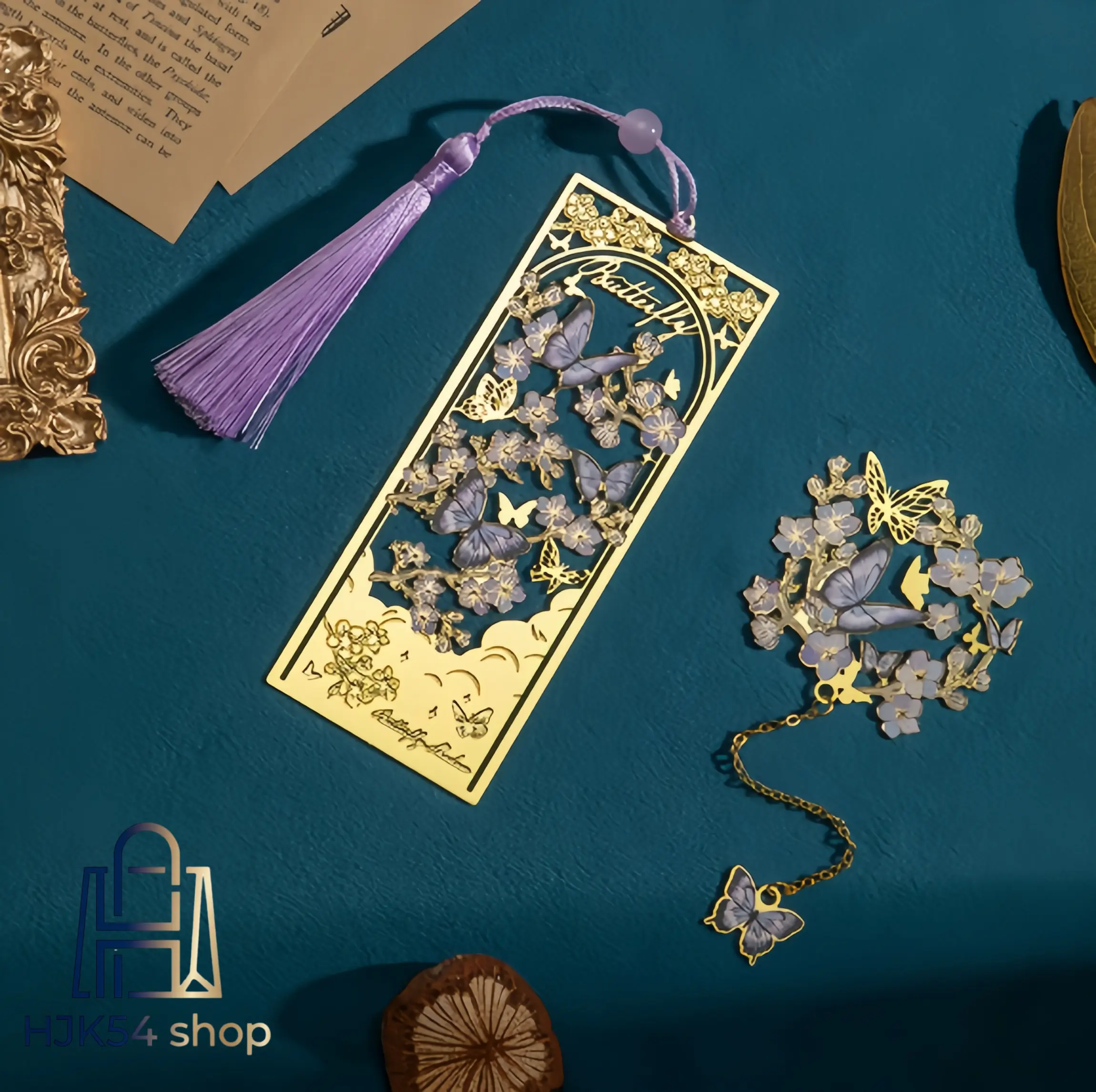 Elegant Gold Cutout Metal Bookmark Set, Vintage Butterfly and Flower Design Page Marker with Tassel Enamel Accent, Gift for Book Lovers, Tassel Enamel Marker, Reading, Enamel Tassel