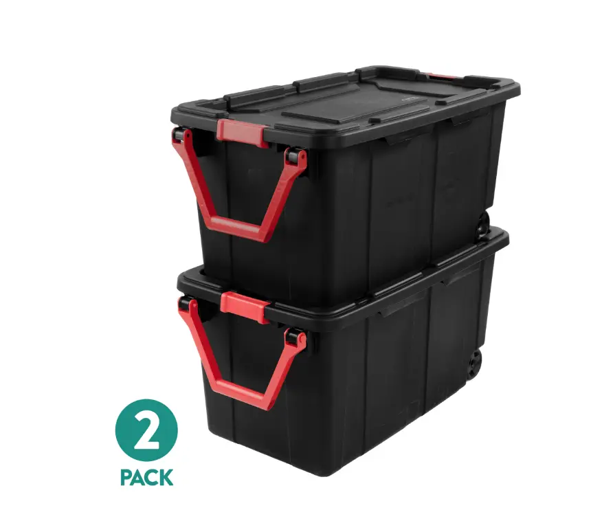 Sterilite Extra-Large Wheeled Industrial Storage Bin, 40 Gallon Durable Plastic Storage Tote with Latching Lid and Pull Handle, Black, 2 Pack
