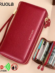 First Layer Cowhide Leather Wallet Phone Bag Credit Card Holder ID Document Case with Wrist Strap, Unisex Commuter Travel Gift