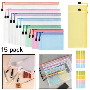 15Pcs PVC Material Document Wallets A4/A5/A6/B4/B5/B6/B8/Bills with Labels, Colourful Waterproof Document Bags for Documents, Cosmetics