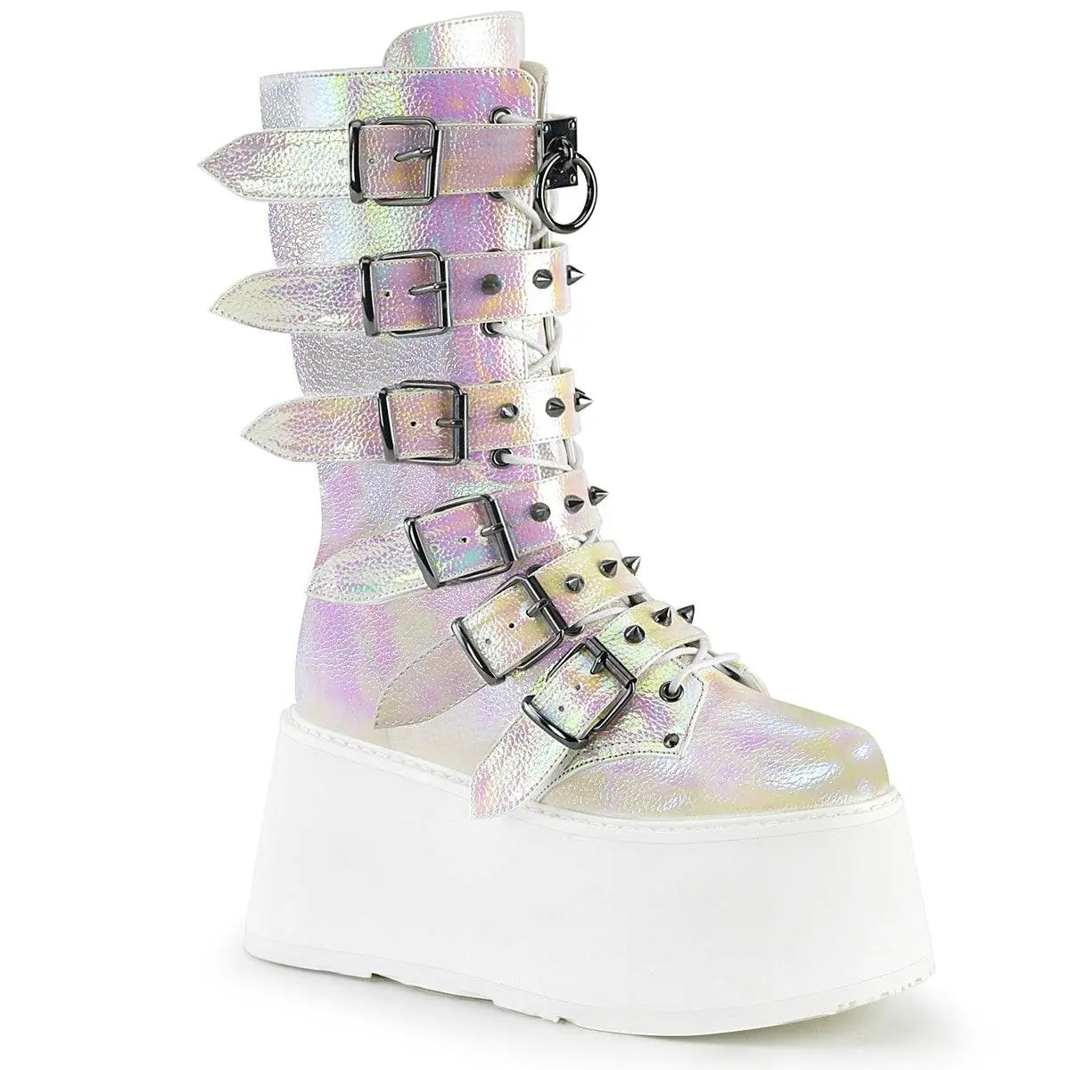 Demonia Damned-225 Pearl Iridescent Vegan Leather Knee-high Boots