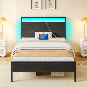 Twin Bed Frames with Headboard, Twin Bed with LED Lights, Camas Twin Size Bed with Charging Station, Solid Metal Slats, Noise Free, No Box Spring Needed, Black