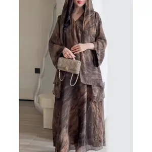 Elegant long robe set with headscarf, 2-piece printed kimono-style design, front button closure, casual, perfect for beach, parties, and everyday wear