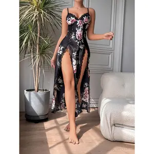 Women'S Sexy Floral Printed Slit Slip Dress - Elastane, No Belt, Light Support, Perfect for Adults