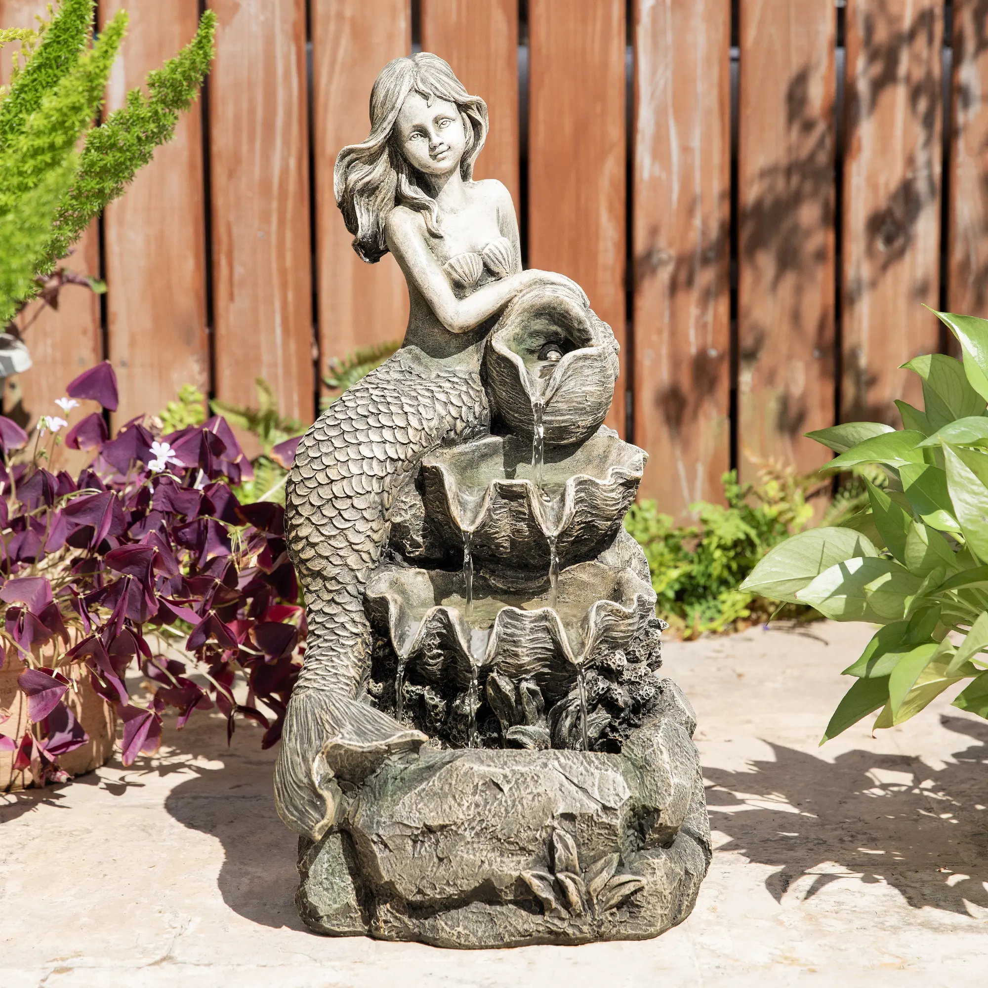 Glitzhome 22.25"H Outdoor Water Fountain, 4-Tiered Concrete-Polyresin Mermaid Theme Fountain Design with 12V Built-In Pump and LED Lights (KD)