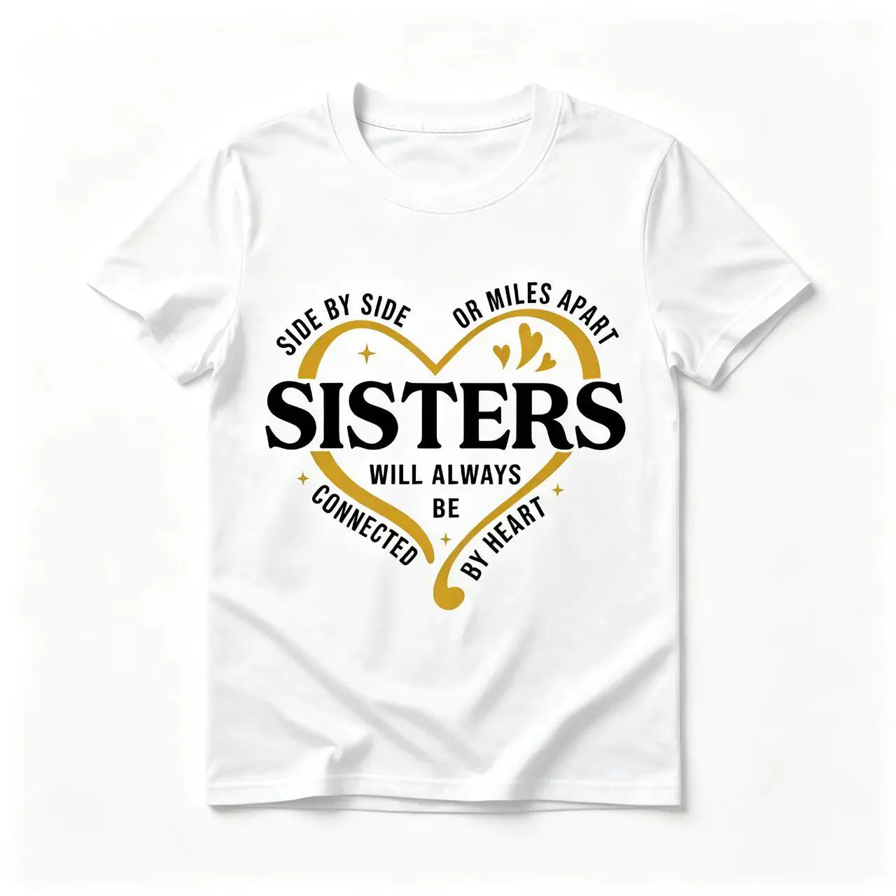 Golden Heart Frame Graphic T-Shirt - "Side By Side Or Distant, Connected By Heart" Design - No Box Included (Ideal for Sister Gifts, Festive Party Supplies)