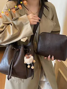 Christmas & Autumn Winter New Vintage Style Large Capacity Drawstring Bucket Bag, Commuter Crossbody Shoulder Handbag with Pendant, Stylish Crossbody Bag