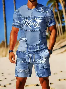 Men's Denim-Style Printed Short Sleeve Top Set, Summer Casual Sporty Two-Piece, Trendy Fashion Men's Clothing