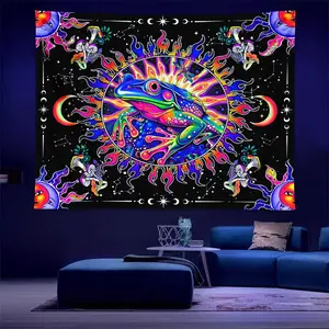 Frog & Sun & Moon Pattern Tapestry, Starry Sky Pattern, 1 Count UV Reactive Tapestry, Fantasy Mushroom Tapestry, Wall Decor for Home Bedroom Living Room, Wall Hanging Tapestry, Wall Tapestries