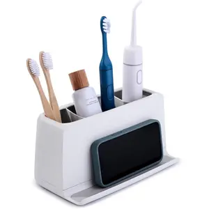 Ledge Toothbrush Holder, 3-Slot, Bathroom Vanity Counter Organizer with Cord Slots, Removable Base and Storage for Phones, Toothpaste and Accessories