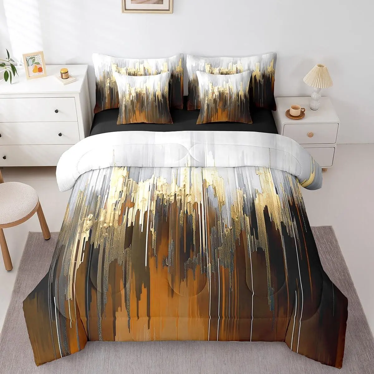 Brown Bedding Comforter Sets 7pcs Ombre Abstract Bed in a Bag,Brush Marks Gradient Bedding Sets Contemporary Golden Metallic Comforter Set,Watercolor Stripe Aesthetic Bedding Sets & Collections