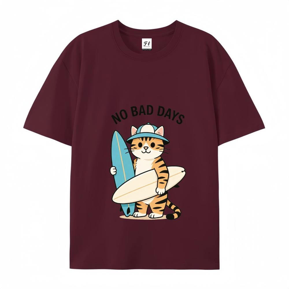 No Bad Days Surfing Cat Graphic Print Tee Oversized Short Sleeve Unisex T-Shirt with Cartoon Pattern and Drop Shoulder Design Crewneck Top Menswear