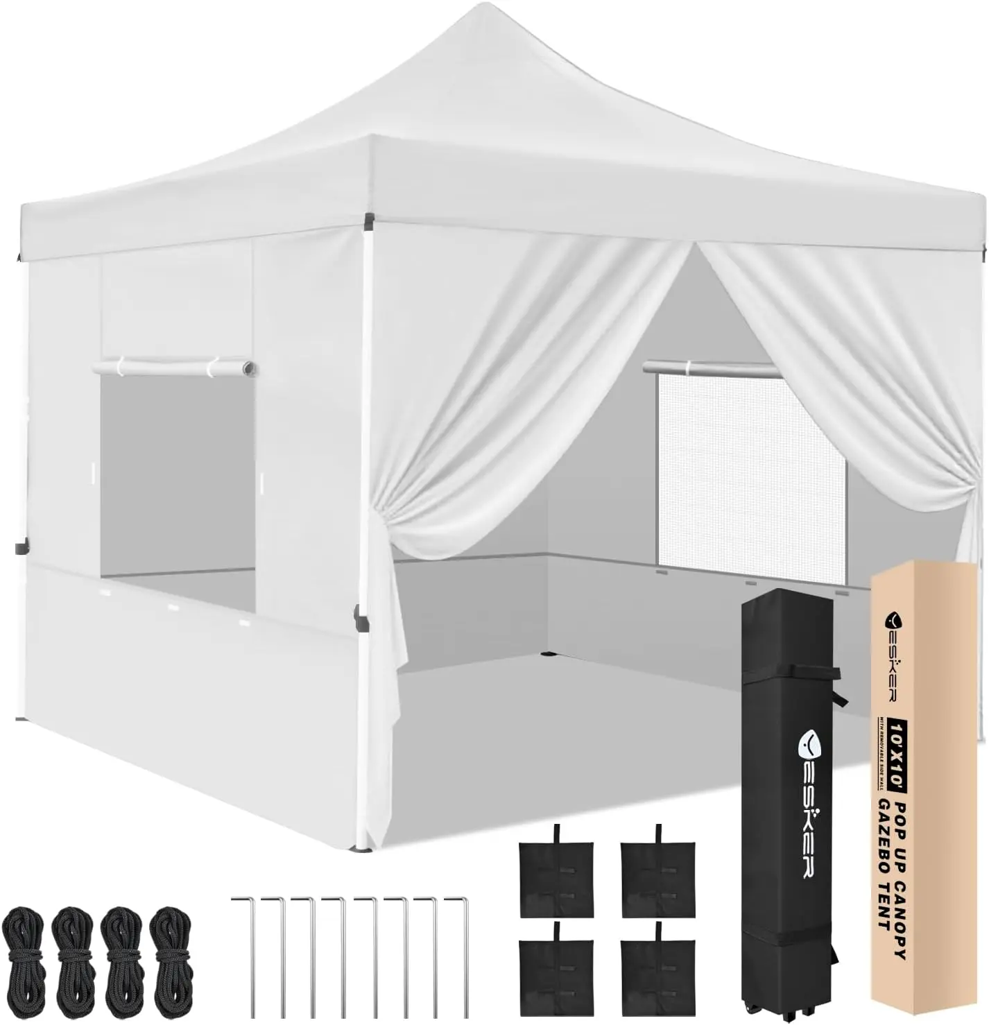 Yesker 10x10 Pop Up Canopy Tent with 4 Sidewalls Portable Folding Outdoor Canopy Easy Setup Gazebo Waterproof Instant Popup Shelter Tent w Wheel Carry Bag sandbags for Events Parties Camping, White