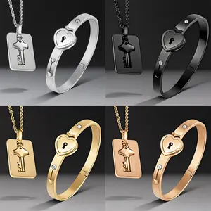 ORPHIC Couple Heart Charm Lock Bracelet and Key Necklace Lock Matching Bangle Titanium Steel Couples Jewelry Set for Valentine Gifts Wedding Anniversary