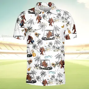 Funny Bigfoot Golf Polo Shirt for Men Women, Tropical Golf Cart Sasquatch Polo, Summer Golfer Gift, Lightweight Golf Outfit