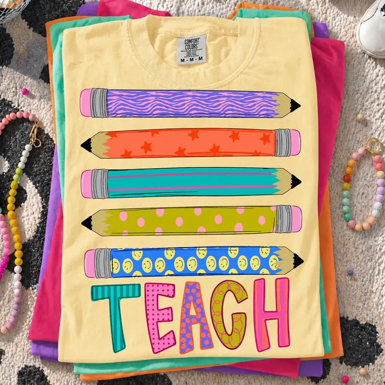Comfort Colors Preppy Teacher Pencil T-Shirt, Colorful Pattern Pencil Shirt, Back to School Shirt, Teacher Graphic Tees, Cute Classroom Tshirt