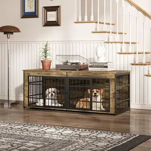Wooden Dog House Furniture Crate - Indoor Heavy Duty Kennel TV Stand for Medium, or Large Dogs - With Divider, Spacious Top, End Table Design