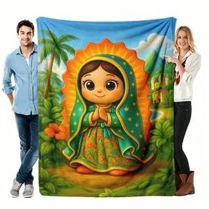 1Pc Anime Virgin Mary & Our Lady Guadalupe Design Soft Flannel Throw Blanket, Cozy Throw Blanket - Lightweight All-Season For Camping, Travel, Home - Pastel Pink & Golden Religious Spanish-Inspired Design - Perfect Gift worm