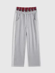 Plaid Patchwork Autumn Drawstring Track Pants Spring To Summer Side Striped Straight Leg Sweatpants with Pockets