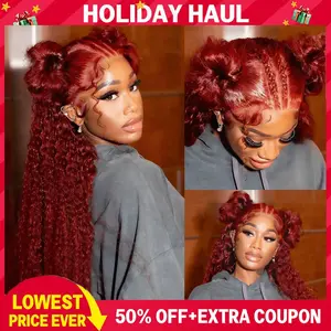 VRbest 34 inch & 36 inch 99J Burgundy Lace Front Wigs Human Hair Deep Wave 13x6  Deep Curly HD Lace Frontal Wigs Pre Plucked 180 Density Wine Red Curly Wig with Baby Hair 100% Unprocecssed Brazilian Human Hair Wigs for Black Women