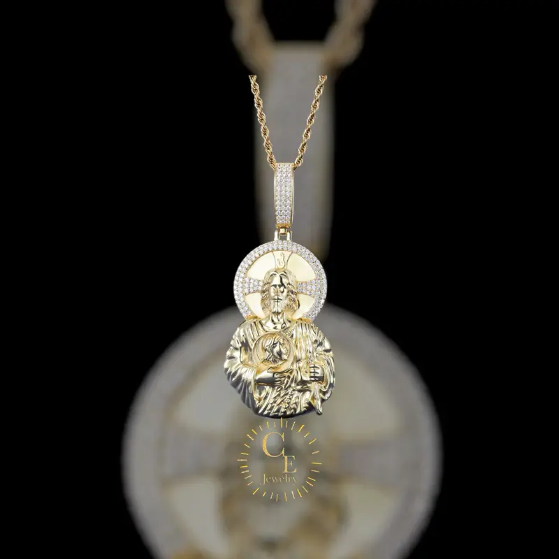 Men's Iced Out Saint Jude Necklace, Gold-Plated Hip Hop Pendant with Cubic Zirconia on a 22-Inch Miami Cuban Chain, Male, Gold Plated Necklaces, Adults, Cejewelry, Hip Hop Design, Prong Cuban Chain, Hip-Hop Artificial Gemstone Necklaces & Pendants