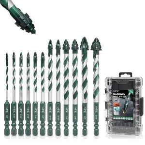 Masonry Drill Bit Set 12 Pcs (1/8"-9/16"), 4-Blade Serrated Eccentric Carbide Drill Bits for Concrete, Cement, Brick, Tile, Marble, Glass and Wood, 1/4" Hex Shank, with Storage Case, Green