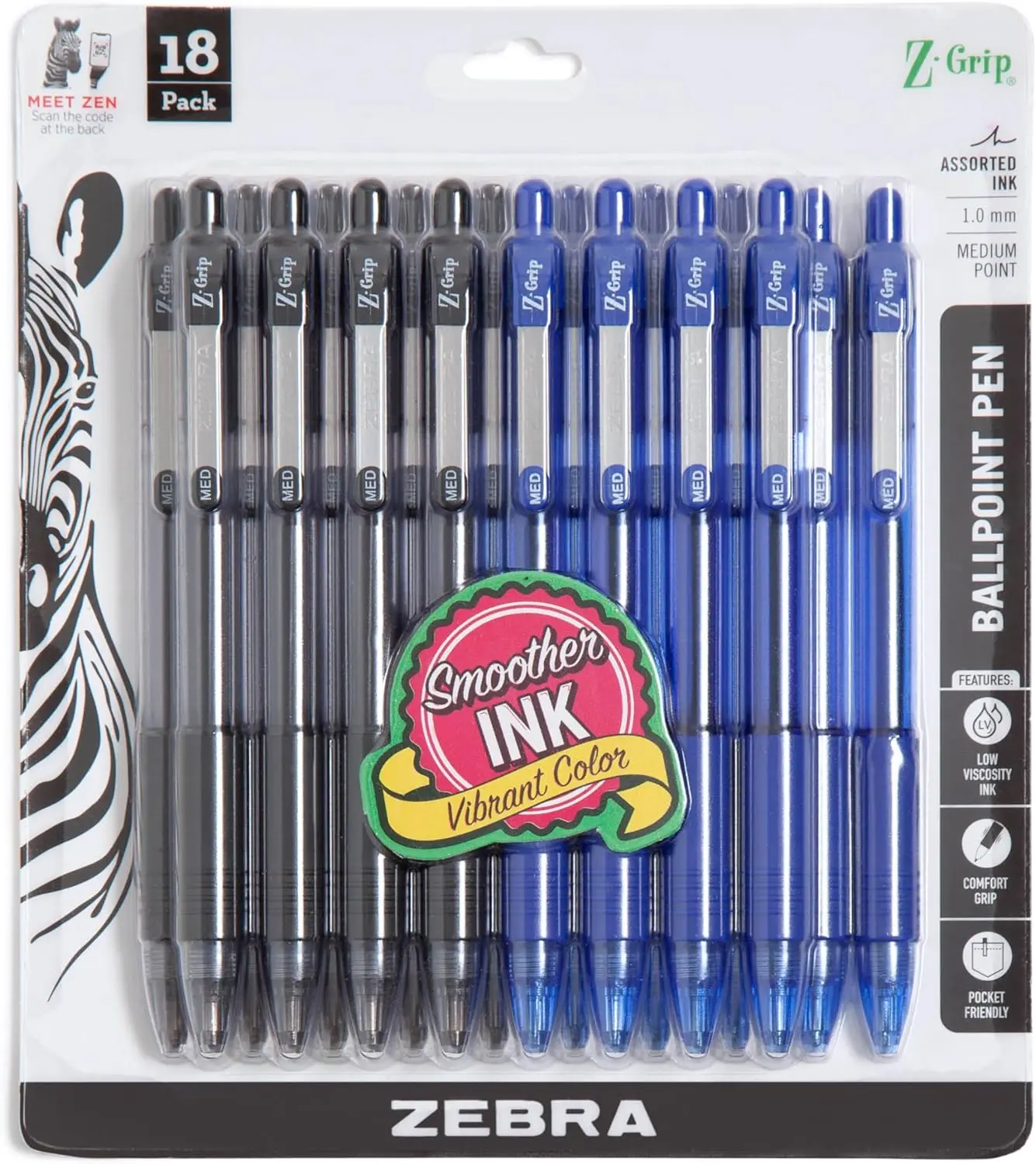 Zebra Pen Z-Grip Retractable Ballpoint Pen, Medium Point, Assorted Business Colors, 18-Pack, Model Number: 22018amz