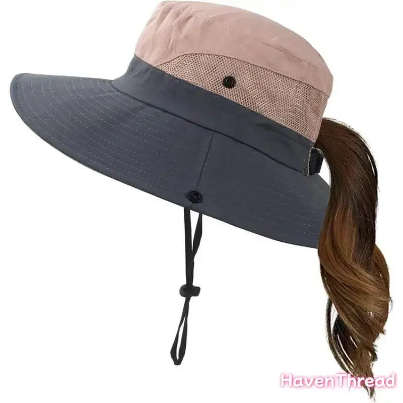 Women's Stylish Wide Brim Ponytail Breathable Beach Hat - UV Protection, Foldable, Lightweight Outdoor Sports Hat - Ideal for Beach, Hiking, Outdoor Sun Hat tiktokshopbacktoschool