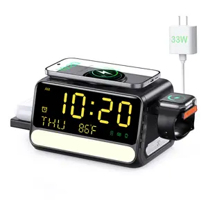 BLKE 7-in-1 Wireless Charging Station with Alarm Clock, Fast Charge, LED & Voice-Controlled Night Light, Bluetooth Time Sync, Temperature Display, Compatible with iPhone, Android, Apple Watch, Samsung Watch & Earbuds, 33W Adapter Incl.