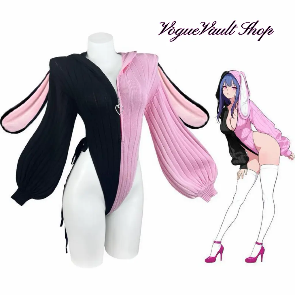Women's Knitted Bunny Jumpsuit with Fuzzy Ears, Cute Fitted 1-Piece Cosplay Clothes, Plus Size Halloween Costume Lingerie, Streetwear, Accessories, Everyday