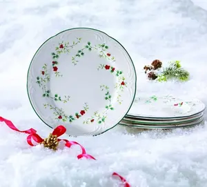 Winterberry 8 inch Stoneware Salad Plates, Set of 4, White with Green and Red Accents