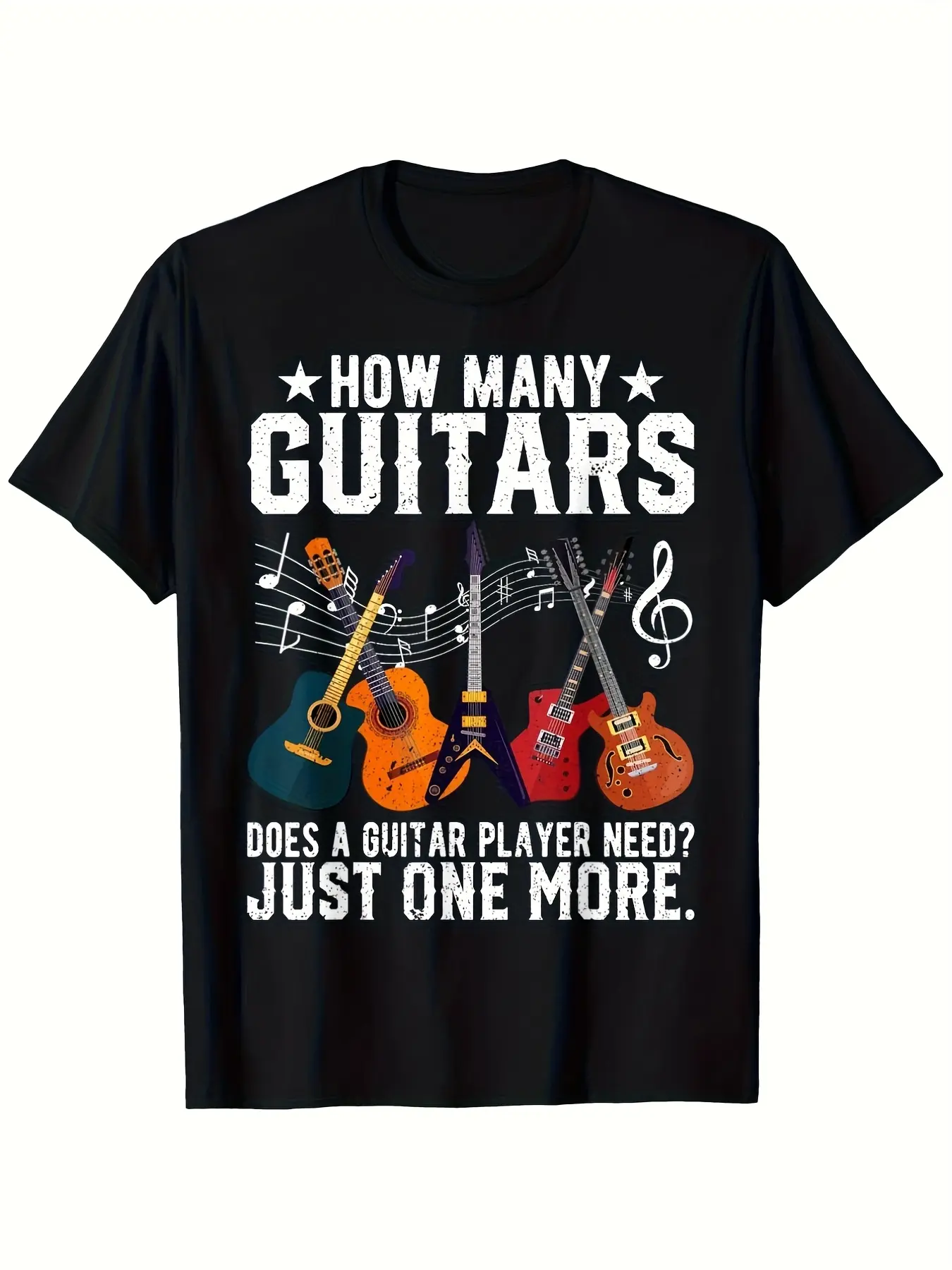 Men's & Women's Funny Guitar Lover T-Shirt - "Just One More Guitar" Slogan with Electric & Acoustic Guitar Print - 180g Heavyweight  Cotton Music Tee for Musicians & Guitar Players