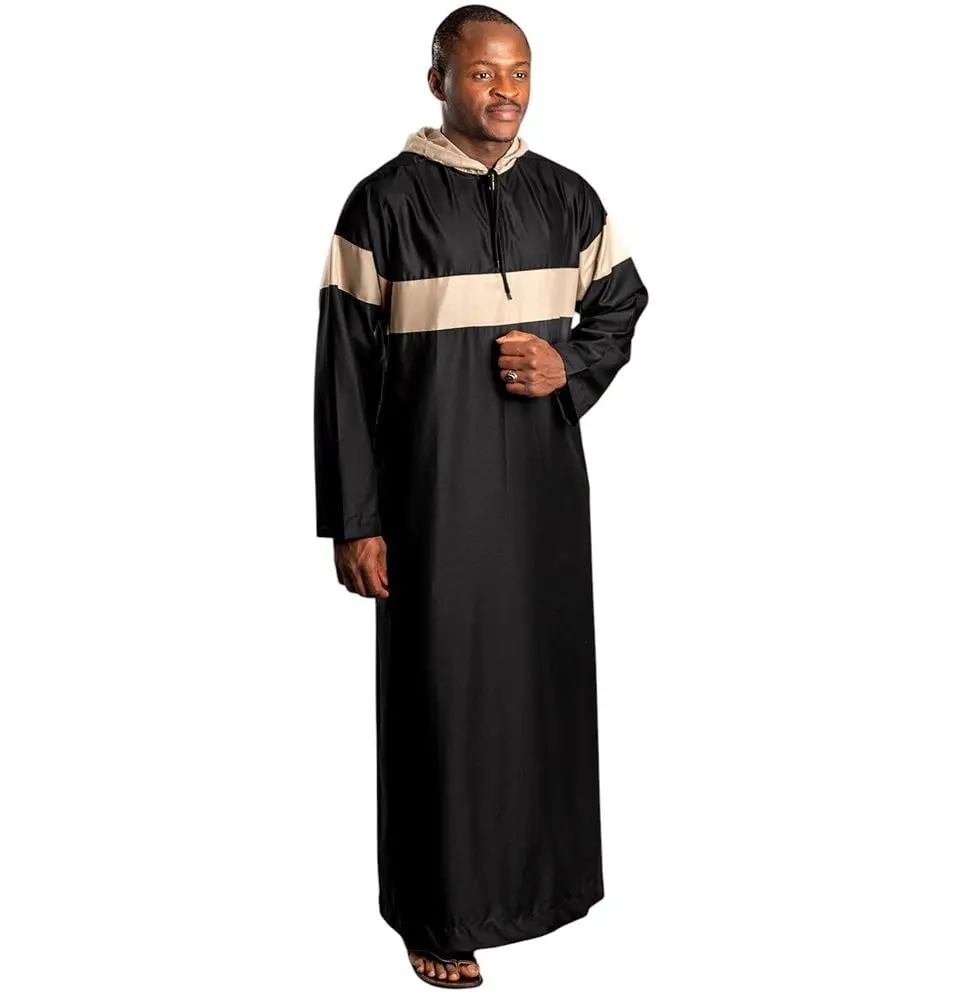 Men's Full Length Islamic Thobe - Hooded Two Tone - Black/Beige