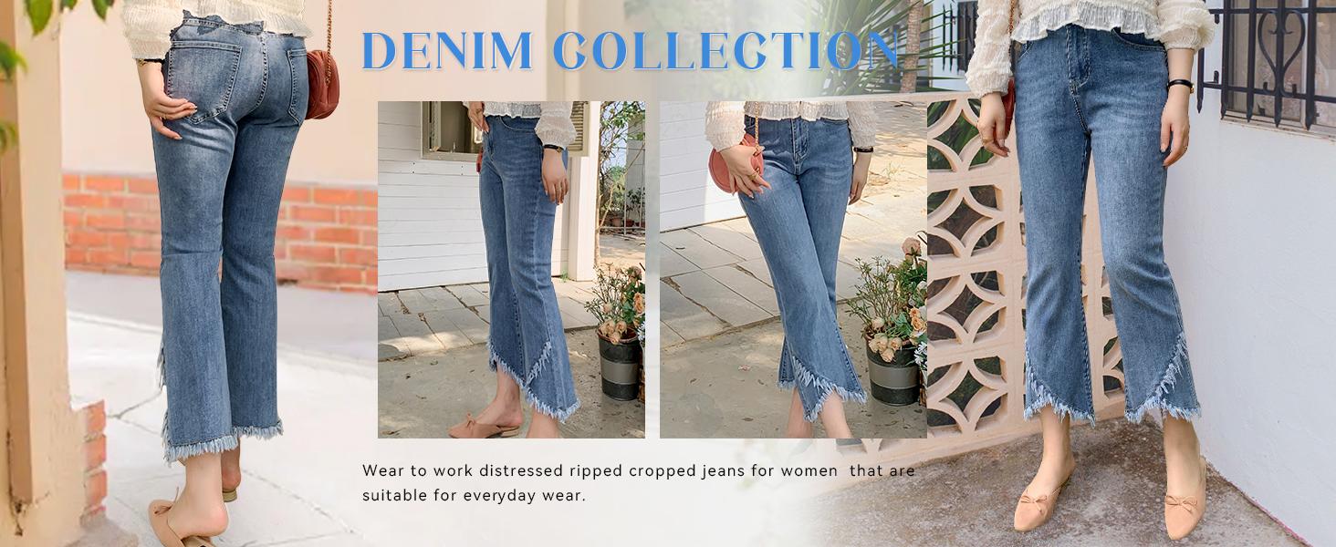 CHARTOU Women Cute Stretch Denim Jeans Ripped Distressed Frayed Hem Denim Pants Tassel Fringe Cropped Jeans