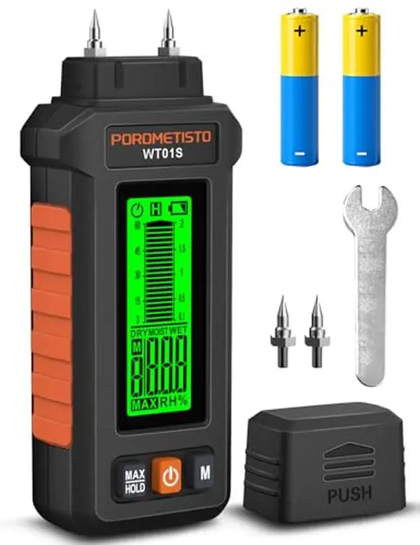 POROMETISTO-WT01S 5-in-1 Moisture Gauge with 5 Modes, 3-Color Backlight, Data Hold, Auto Power-Off & Max Measurement, for Wood (Oak/Pine/Walnut), Building Materials, Lime Mortar (0–11%), Powered by 2×1.5V AAA Batteries