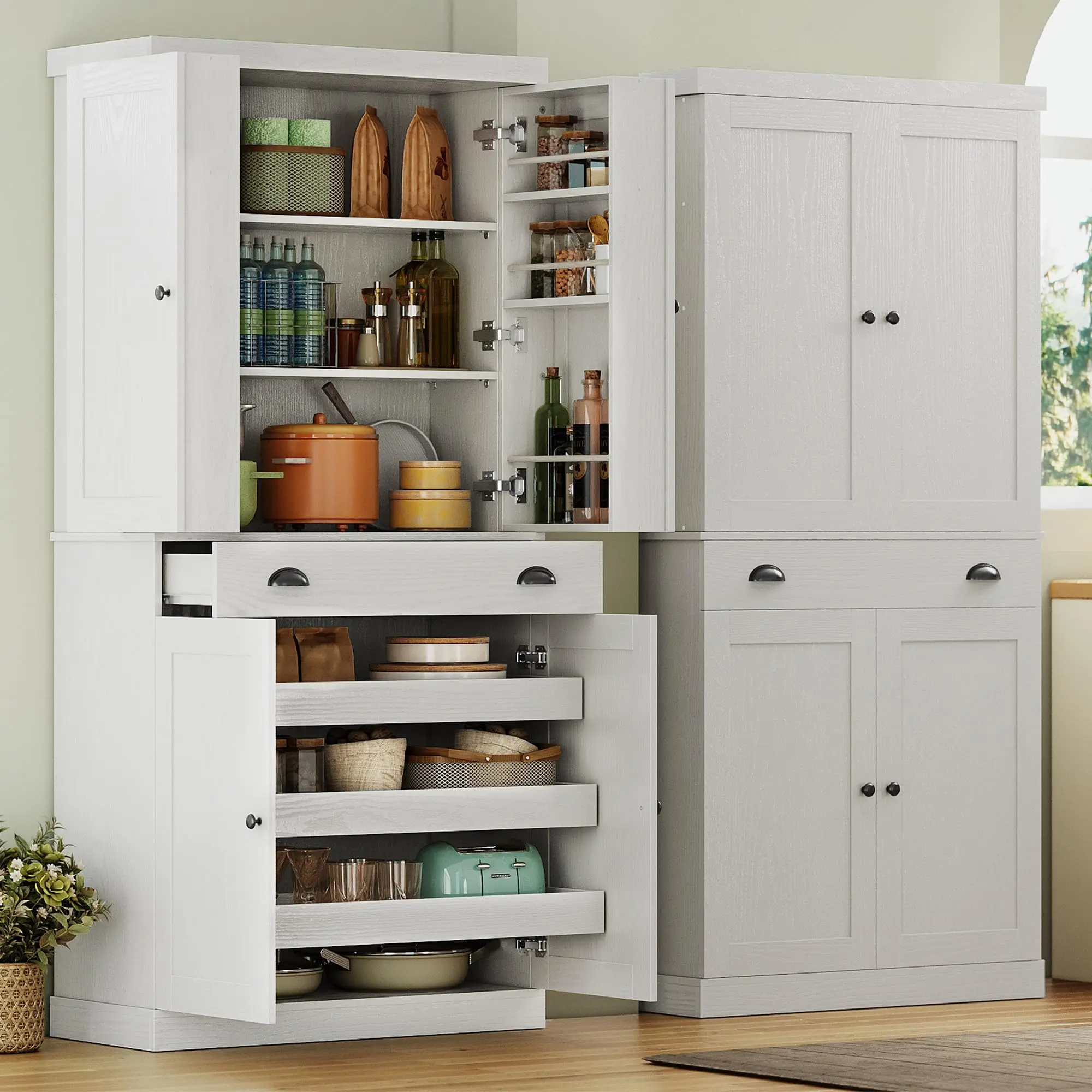 Summer Vibes IRONCK 72" Freestanding Kitchen Storage Cabinet, Modern Space-Saving Indoor Furniture with Drawer, Sliding Storage Rack, 6 Hanging Shelves, Included Hardware (2 Packages Shipping), Storage Cabinets