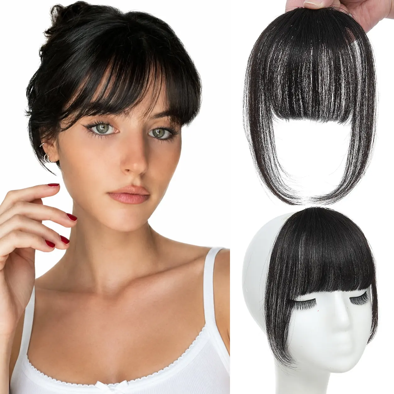Clip in Bangs Real Human Hair, Brown Black Wispy Bangs with Temples Fringe Hairpiece, Natural Looking Curved Bangs Hair Extensions for Women Daily Wear, Work, Dating and Parties
