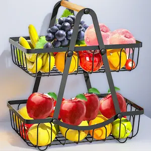 2 Tier Fruit Basket for Kitchen, Detachable Fruit Bowl for Kitchen Counter, Metal Fruit and Vegetable Storage Stand, Fruits Holder Vegetable Basket with Wood Handle, Bread and Snack Organizer