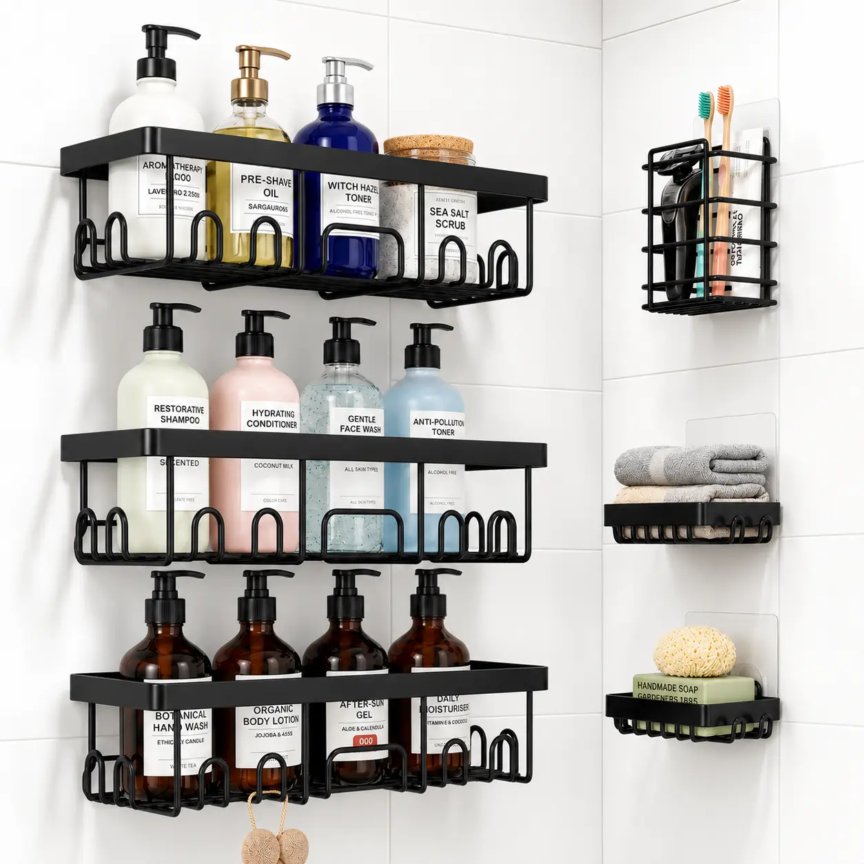 6-Pack Self-Adhesive Wall Mount Shower Caddy - Anti-Rust, Large Capacity Multi-Piece Shower Accessories with Soap Holder, Bath/Kitchen Multifunctional Organizer Rack (No Drilling Required), Rustproof