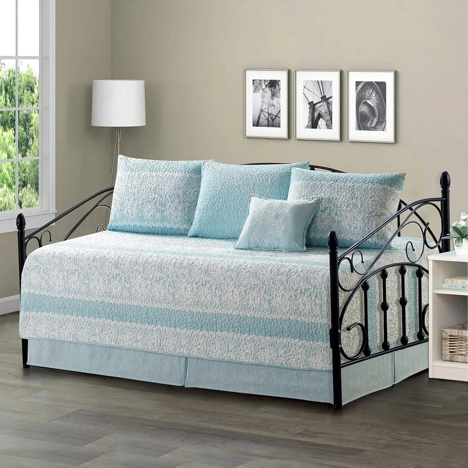 6 Piece Quilted Microfiber Daybed Bedding Cover Set, Soft Lightweight Cozy All Season Coverlet Quilt Set with Bedskirt, Matching Shams, Decorative Pillow, 75" x 39", Emma Teal