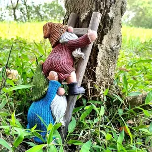 1Pcs Durable Resin Charming Gnome Climbing Ladder Figurine - Freestanding Art Deco Garden Dwarf Statue, Festive Christmas & Flower Theme, Maintenance-Free, No Electricity Needed Collectible Decor